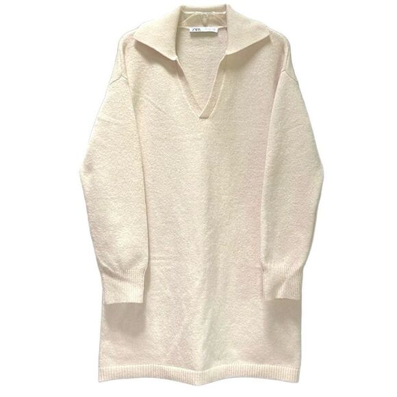 Zara Polo Collar Wool Blend Knit Mini Dress in Cream Women’s M - Picture 2 of 7